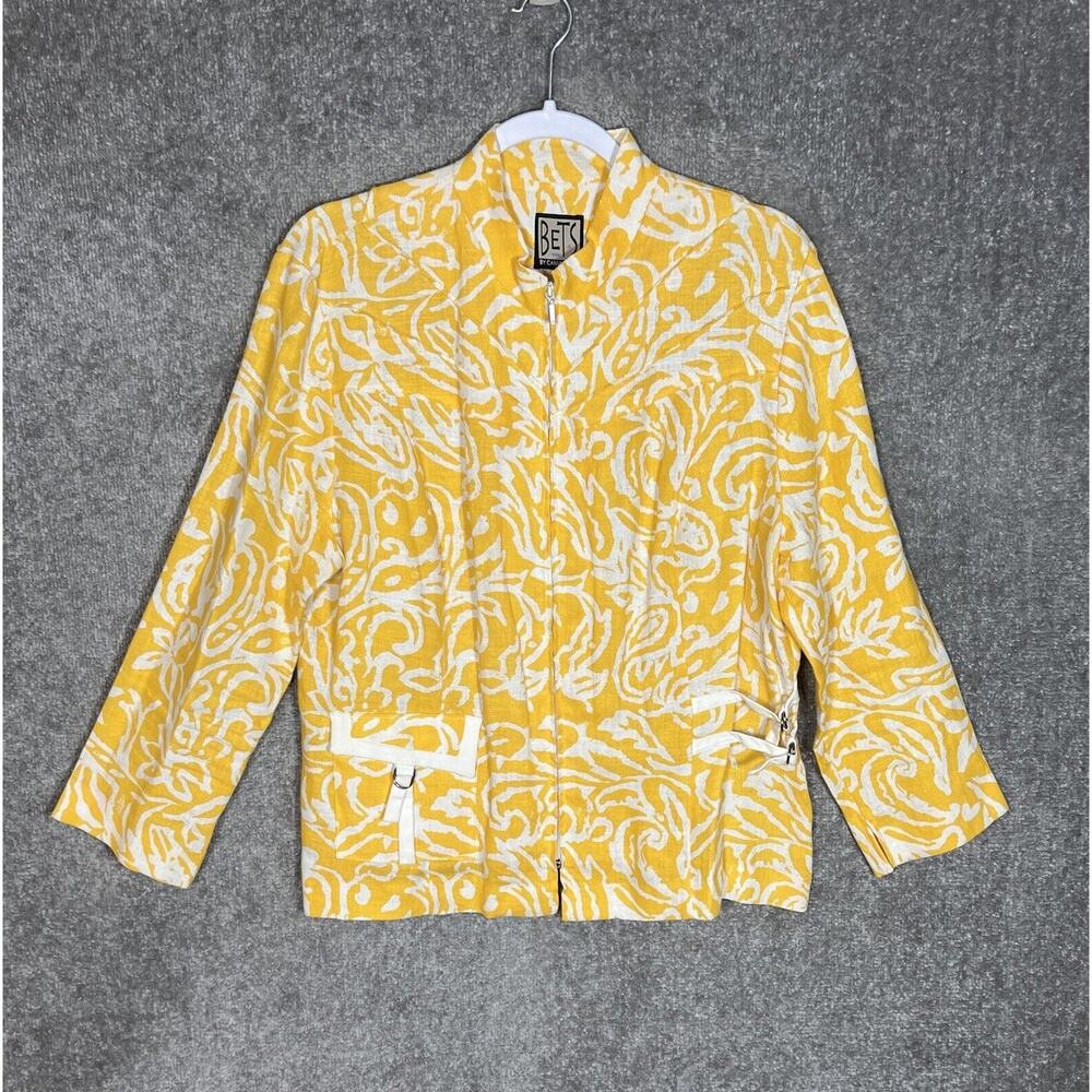 BETS By Canvasbacks Linen Zip Up Jacket Women‎ Size LG Yellow Floral Pocket USA